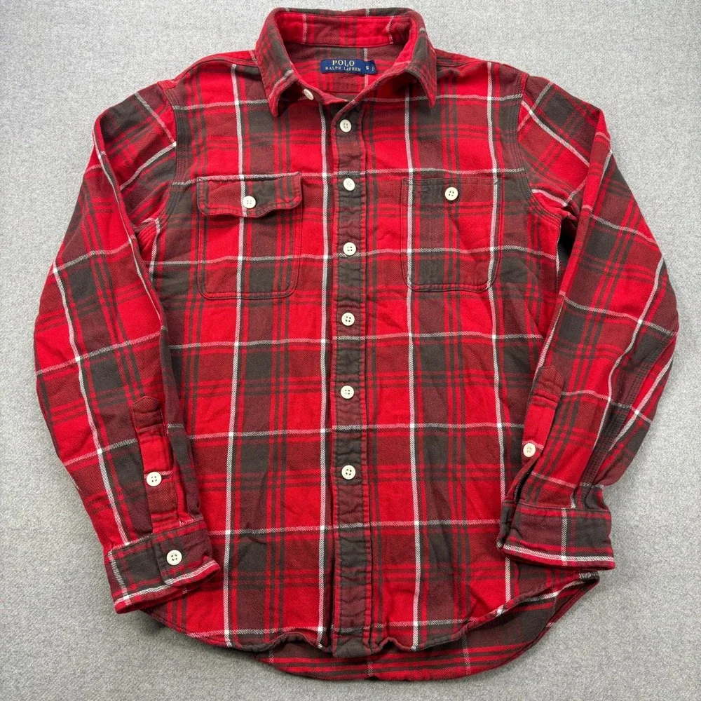 Polo Ralph Lauren Flannel‎ Shirt Mens Small Red Plaid Two Pocket Work Utility